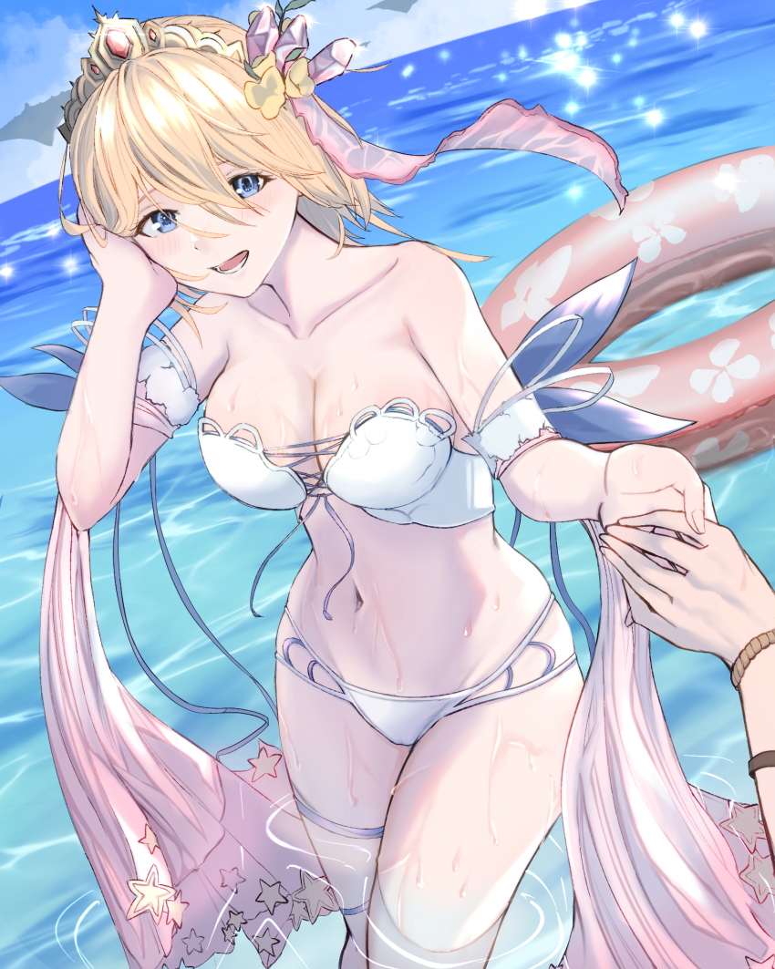 1girl bare_shoulders bikini blonde_hair blue_eyes breasts cleavage collarbone europa_(granblue_fantasy) granblue_fantasy hair_ornament hand_on_own_head highres holding_hands looking_at_viewer medium_breasts medium_hair nagonako navel ocean open_mouth partially_submerged pov solo_focus swim_ring swimsuit thighs tiara water wet white_bikini