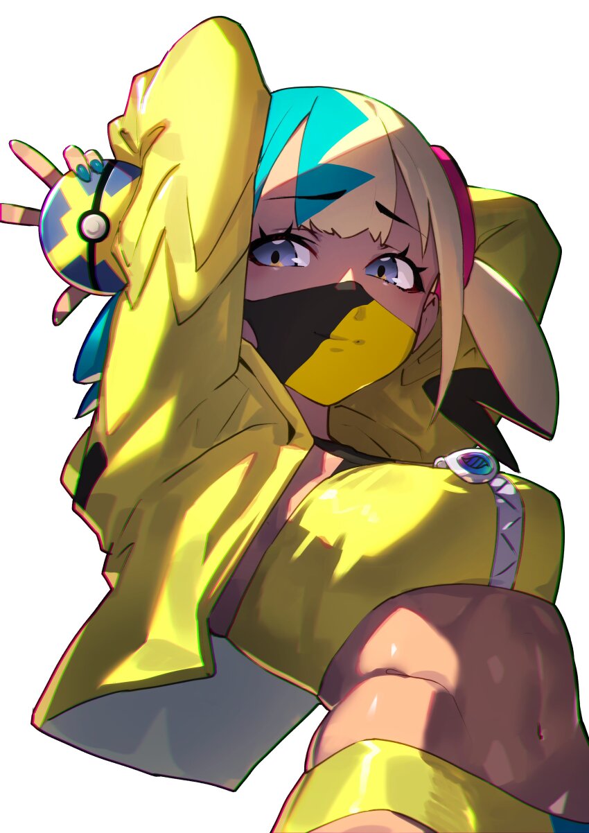1girl absurdres aqua_hair arms_behind_head bandeau black_mask blonde_hair blue_eyes breasts canari_(pokemon) center-flap_bangs closed_mouth criss-cross_straps dark-skinned_female dark_skin highres jacket looking_at_viewer mask medium_breasts mega_ring mega_stone midriff mouth_mask multicolored_hair nakanishi_tatsuya navel nintendo pants poke_ball pokemon pokemon_legends:_z-a quick_ball short_twintails simple_background smile solo split-color_hair sports_bra stomach stretching twintails two-tone_hair two-tone_mask upper_body white_background yellow_bandeau yellow_jacket yellow_mask yellow_sports_bra zipper zipper_pull_tab