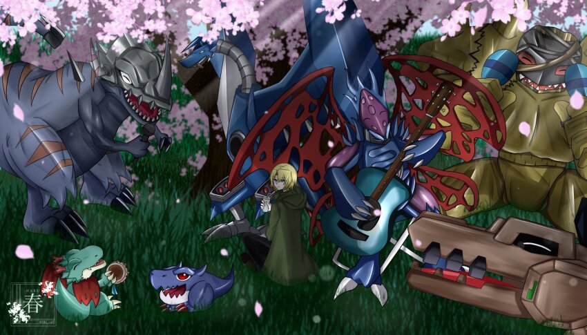 aonuma_kiriha blonde_hair cape cyberdramon_(digimon_xros_wars) deckerdramon digimon digimon_(creature) dracomon gaossmon golemon grass greymon_(digimon_xros_wars) guitar happy highres instrument looking_at_viewer mailbirdramon smile tree