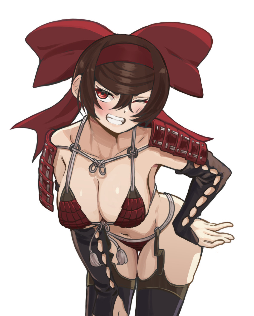 1girl ;d armor bikini black_sleeves black_thighhighs bow breasts brown_bikini brown_hair cleavage collarbone commission detached_sleeves girls_und_panzer girls_und_panzer_ribbon_no_musha grin hair_bow hair_ribbon hand_on_leg hand_on_own_hip hand_on_own_leg hand_on_own_thigh highres large_bow large_breasts leaning_forward looking_at_viewer navel nico-mo one_eye_closed open_mouth red_bow red_eyes ribbon short_hair smile solo swimsuit teeth thighhighs tsuruki_shizuka