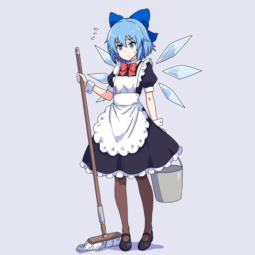 1girl absurdres alternate_costume apron black_dress black_shoes blue_bow blue_eyes blue_hair bow bowtie brown_pantyhose bucket cirno closed_mouth commentary_request detached_wings dress enmaided flying_sweatdrops full_body grey_background hair_bow highres holding holding_bucket holding_mop ice ice_wings maid maid_apron mop pantyhose pioartstuff puffy_short_sleeves puffy_sleeves red_bow red_bowtie shoes short_sleeves simple_background solo sweatdrop touhou white_apron wings wrist_cuffs