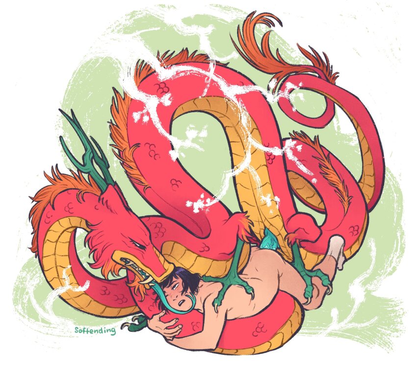 2boys absurdres anal artist_name bestiality black_hair captain_(softending) commentary dragon eastern_dragon english_commentary erection forked_tongue green_penis highres licking long_tongue multiple_boys mythological_creature nude original penis sex short_hair size_difference socks softending tongue veins veiny_penis white_socks yaoi yuuto_(softending)