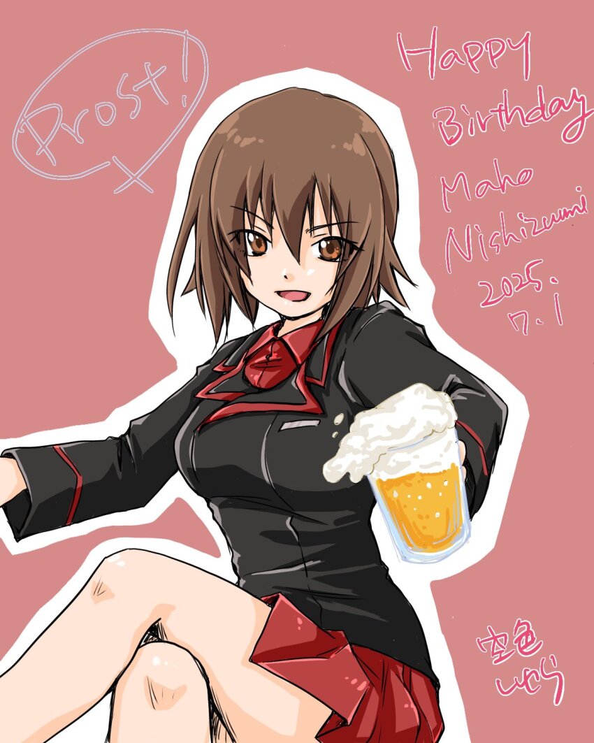 1girl alcohol beer beer_mug black_jacket breasts crossed_legs cup dated girls_und_panzer h84g85sr5329347 hair_between_eyes happy_birthday highres holding holding_cup jacket kuromorimine_military_uniform large_breasts looking_at_viewer military miniskirt mug nishizumi_maho open_mouth pink_background pleated_skirt red_shirt red_skirt shirt short_hair simple_background skirt smile solo