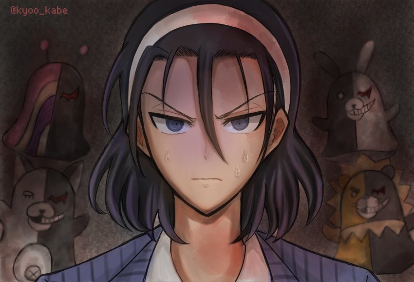 1boy animal_ears black_hair commentary_request cosplay crossover danganronpa_(series) hairband highres jacket komatsuzaki_rui_(style) kyoo_kabe lion_ears looking_at_viewer male_focus medium_hair monokuma monokuma_(cosplay) portrait rabbit_ears shirt solo_focus striped_clothes striped_jacket sweat toudou_jinpachi white_hairband white_shirt yowamushi_pedal
