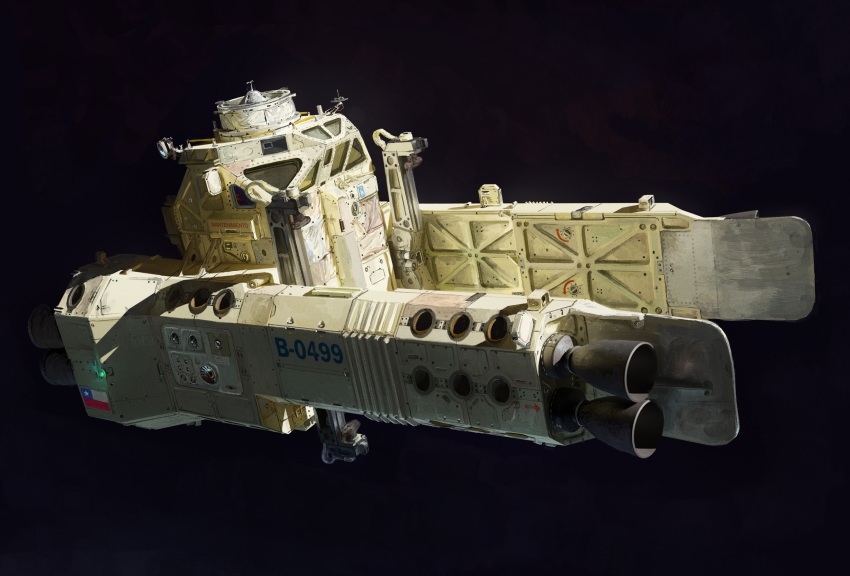 absurdres black_background chilean_flag highres humanoid_robot machinery original robot shadow space spacecraft sunlight thrusters truss vehicle_focus whaleoil window