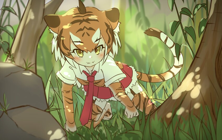 absurdres all_fours animal_ears animal_print black_hair blush elbow_gloves fangs foliage frilled_skirt frills garter_straps gloves grass green_eyes highres kemono_friends multicolored_shirt onefiresticks orange_hair orange_shirt pleated_skirt print_gloves print_shirt print_thighhighs red_skirt shirt short_hair short_sleeves skirt sumatran_tiger_(kemono_friends) t-shirt tail thighhighs tiger_ears tiger_girl tiger_print tiger_tail tree white_hair white_shirt zettai_ryouiki