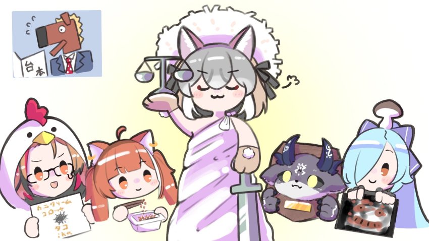 .live nanashi_inc. animal_ear_fluff animal_ears animare bacharu_(vtuber) blue_hair debidebi_debiru empty17033658 extra_ears formal_clothes glasses gloves grey_hair hat highres horns island_fox_(kemono_friends) kazami_kuku kemono_friends kemono_friends_v_project long_hair multicolored_hair mushroom necktie nijisanji orange_eyes orange_hair ratna_petit ribbon simple_background suit virtual_youtuber yamato_iori yellow_eyes