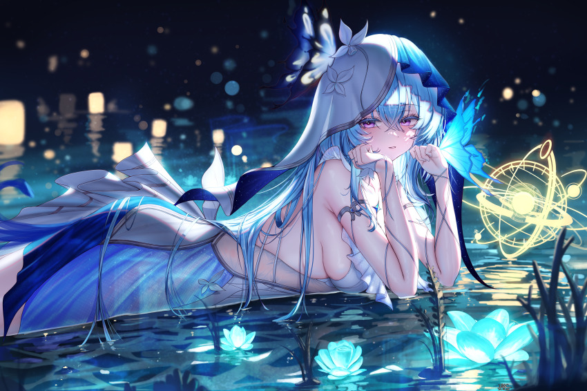 1girl absurdres armlet bare_shoulders blue_butterfly blue_flower blue_hair blue_veil blurry blurry_background breasts bug butterfly collarbone colored_eyelashes commentary_request dress flower highres insect jewelry lilac_(k32420276) long_hair looking_at_viewer lying medium_breasts on_stomach purple_eyes shorekeeper_(wuthering_waves) sleeveless sleeveless_dress solo two-tone_veil veil water white_veil wuthering_waves