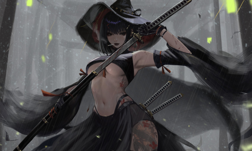 1girl black_gloves black_hair black_hakama black_hat black_lips black_shirt black_sleeves blood bloody_weapon breasts cigarette crop_top detached_sleeves furisode_sleeves gloves hakama hakama_skirt halterneck hat highres holding holding_sword holding_weapon irezumi japanese_clothes katana large_breasts looking_at_viewer multiple_swords navel neo_(neorarty3) original rain sheath shirt side_slit skirt sleeveless sleeveless_shirt smoke smoking solo standing stomach sword tattoo underboob unsheathing weapon witch_hat