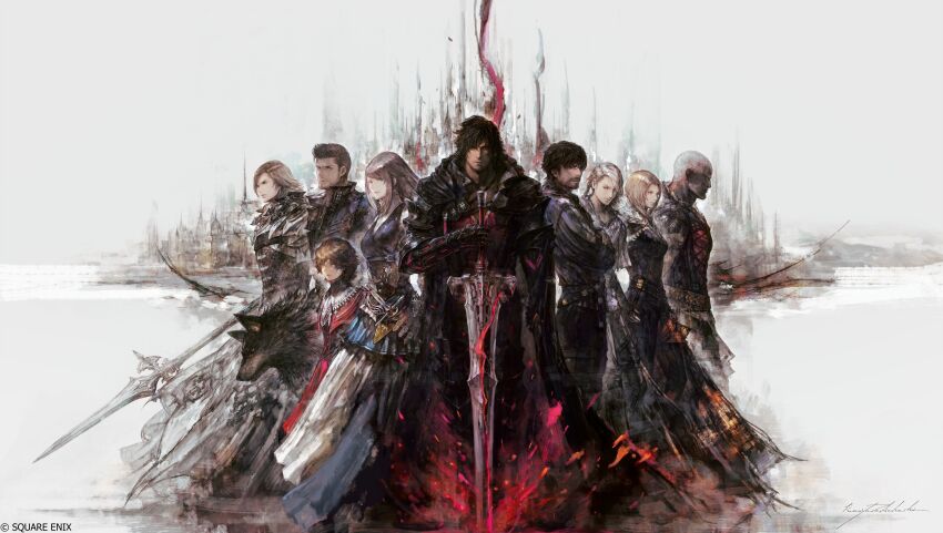 2girls 6+boys absurdres barnabas_tharmr beard benedikta_harman cape castle cidolfus_telamon clive_rosfield dion_lesage dog facial_hair final_fantasy final_fantasy_xvi glowing glowing_sword glowing_weapon highres hugo_kupka jill_warrick joshua_rosfield looking_at_viewer multiple_boys multiple_girls official_art planted planted_sword planted_weapon polearm promotional_art sleipnir_harbard spear standing sword takahashi_kazuya torgal_(ff16) weapon