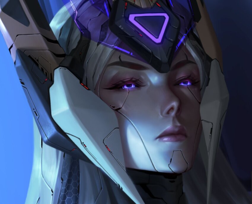 1girl artificial_eye character_request close-up cyborg glowing league_of_legends mechanical_eye piscina portrait purple_eyes simple_background solo tagme white_hair