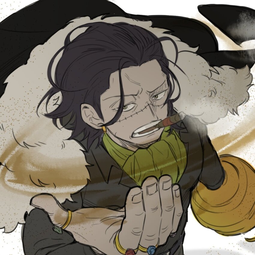 1boy ascot black_hair black_vest cigar coat commentary_request crocodile_(one_piece) earrings fur-trimmed_coat fur_trim green_ascot hair_slicked_back hook_hand jewelry korean_commentary male_focus mlgdhh one_piece ring sand short_hair simple_background smoke solo stitched_face stitches upper_body vest white_background