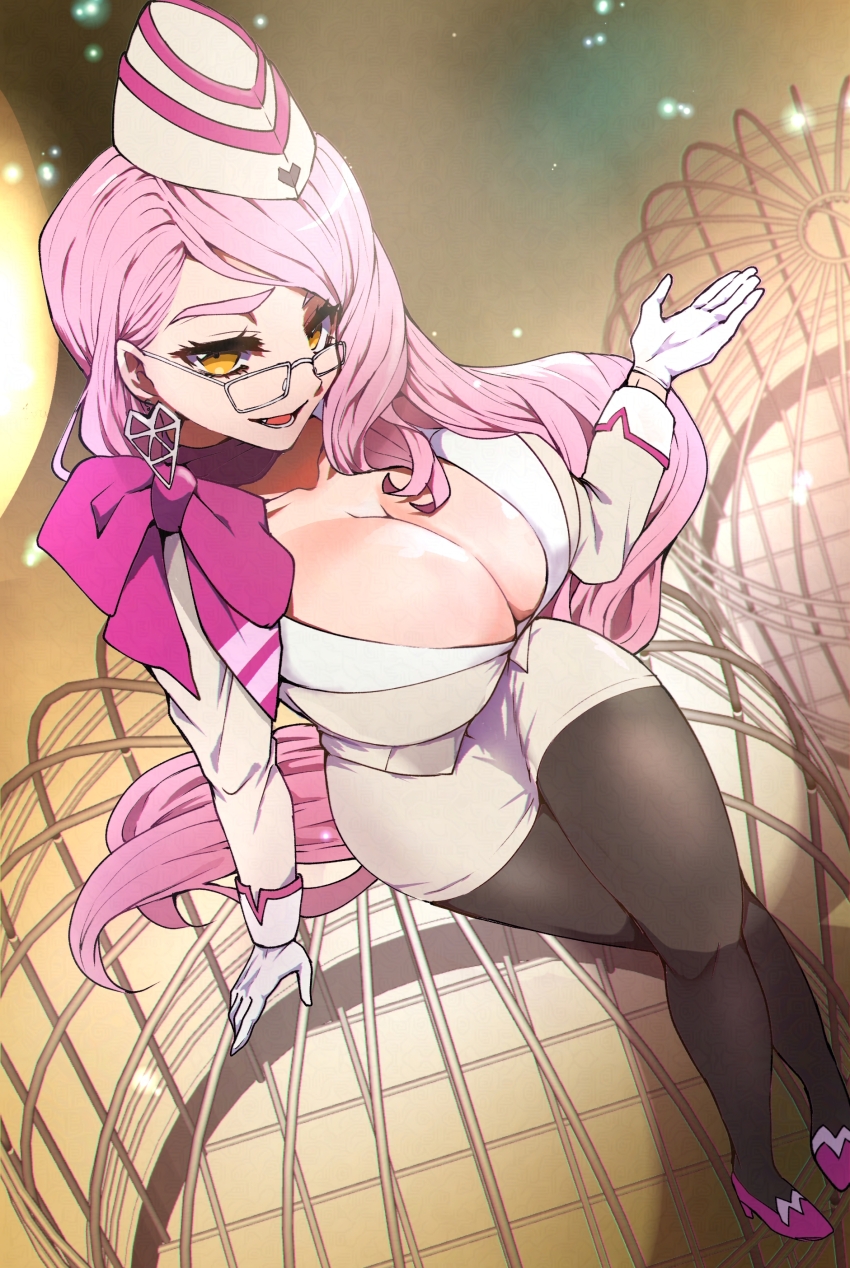 1girl absurdres blush breasts brown_pantyhose cleavage crossed_legs earrings fate/grand_order fate_(series) garrison_cap glasses gloves hat high_heels highres jacket jewelry koyanskaya_(fate) koyanskaya_(foreigner)_(first_ascension)_(fate) large_breasts long_hair long_sleeves looking_at_viewer open_mouth pantyhose pencil_skirt pink_hair pink_scarf scarf skirt smile solo tamamo_(fate) toyosu white_gloves white_hat white_jacket white_skirt yellow_eyes