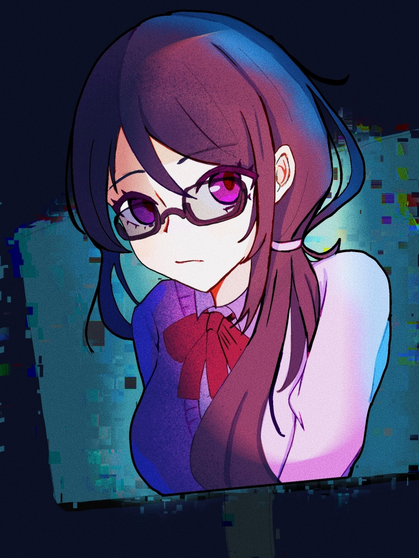 1girl black_hair bow cardigan closed_mouth glasses glitch highres noge_tomoko persona persona_5 persona_5:_the_phantom_x pink_cardigan purple_eyes red_bow school_uniform shirt solo twintails user_xmuw4354