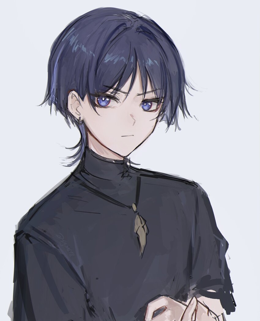 1boy black_shirt black_sleeves blunt_ends bright_pupils closed_mouth earrings eyeliner eyeshadow feathers genshin_impact gold grey_hair highres jewelry light_frown looking_at_viewer makeup male_focus multicolored_hair purple_eyes purple_hair red_eyeliner red_eyeshadow scaramouche_(genshin_impact) sgm618 shirt short_sleeves sketch solo streaked_hair tsurime turtleneck turtleneck_shirt twitter_username upper_body white_background white_pupils wispy_bangs