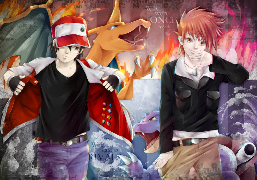 00s 1990s_(style) 2boys bad_deviantart_id bad_id badge baseball_cap belt black_hair black_shirt blastoise blue_oak blue_oak_(pokemon_hgss) boulder_badge brown_hair cascade_badge charizard cowboy_shot earth_badge english_text fangs fingerless_gloves gen_1_pokemon gloves badge_(pokemon) hat highres hikarra looking_at_viewer looking_away male_focus marsh_badge multiple_boys nintendo pixiv_red pocket poke_ball pokemon pokemon_(creature) pokemon_hgss pokemon_rgby rainbow_badge red_(pokemon) red_eyes retro_artstyle shirt soul_badge spiked_hair thunder_badge volcano_badge waist_poke_ball yellow_eyes