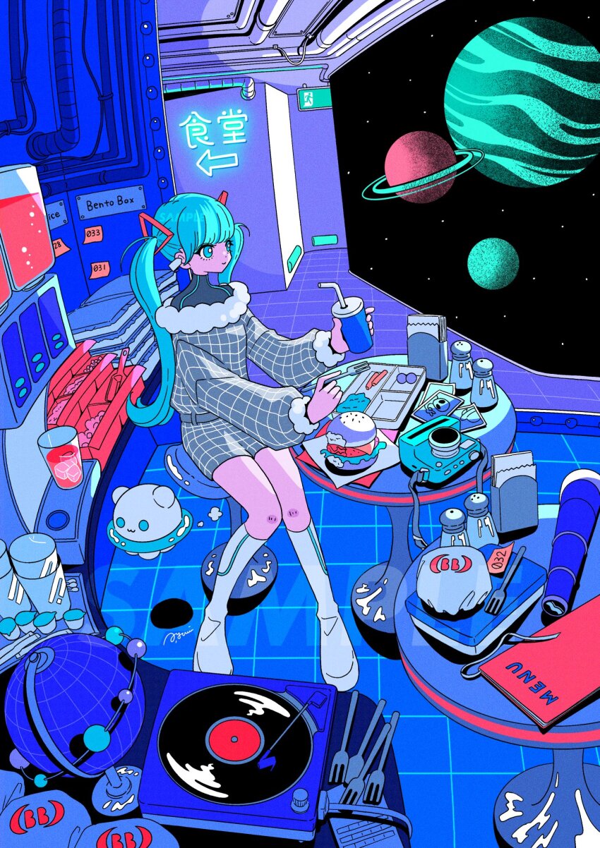 1girl aqua_hair bar_stool beverage_dispenser blue_eyes burger camera checkered_clothes checkered_jacket cup drinking_straw food fork grey_jacket hair_between_eyes highres holding holding_cup holding_fork industrial_pipe jacket knees_together_feet_apart looking_to_the_side menu nakazawa_ayami napkin neon_lights neon_palette original planet polaroid_photo record salt_shaker sitting space stool twintails white_footwear