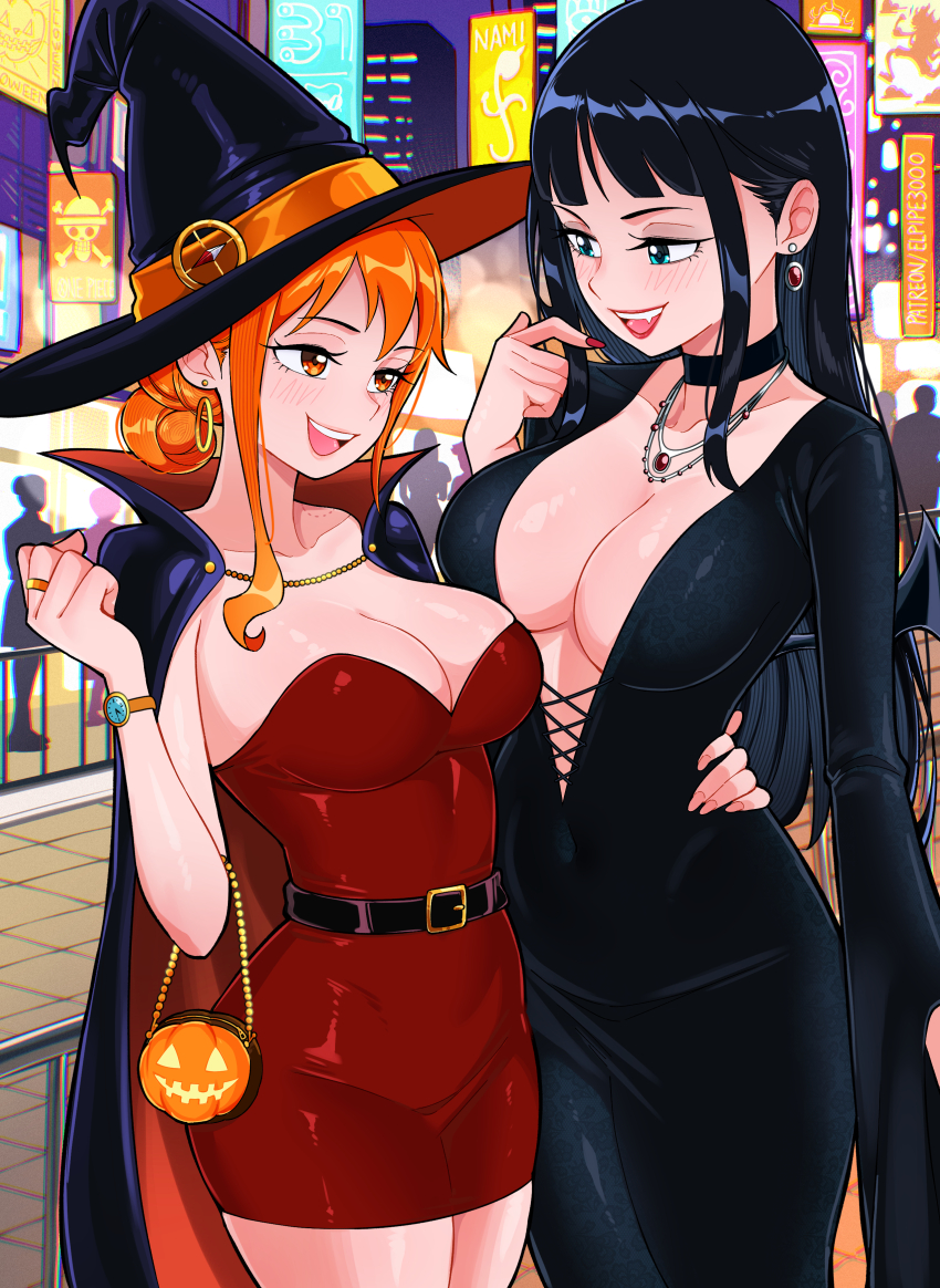 2girls absurdres alternate_costume bag black_cloak black_dress black_hat breasts choker city cloak dress earrings elpipe_3000 hair_bun handbag hat highres jewelry large_breasts long_hair multiple_girls nami_(one_piece) necklace nico_robin night one_piece orange_eyes orange_hair outdoors red_dress red_nails ring short_dress sidelocks watch witch_hat wristwatch