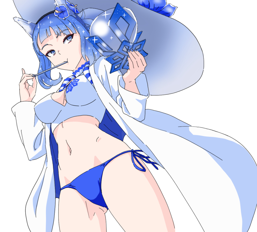 1girl bikini blue_bikini blue_eyes blue_hair breasts donguri_(reji22) fire_emblem fire_emblem_heroes from_below gluteal_fold hat highres holding holding_spoon jacket long_sleeves looking_to_the_side medium_breasts navel nifl_(fire_emblem) nifl_(summer)_(fire_emblem) nintendo official_alternate_costume official_alternate_hairstyle open_clothes open_jacket ponytail short_hair solo spoon swimsuit utensil_in_mouth white_background white_bikini white_jacket