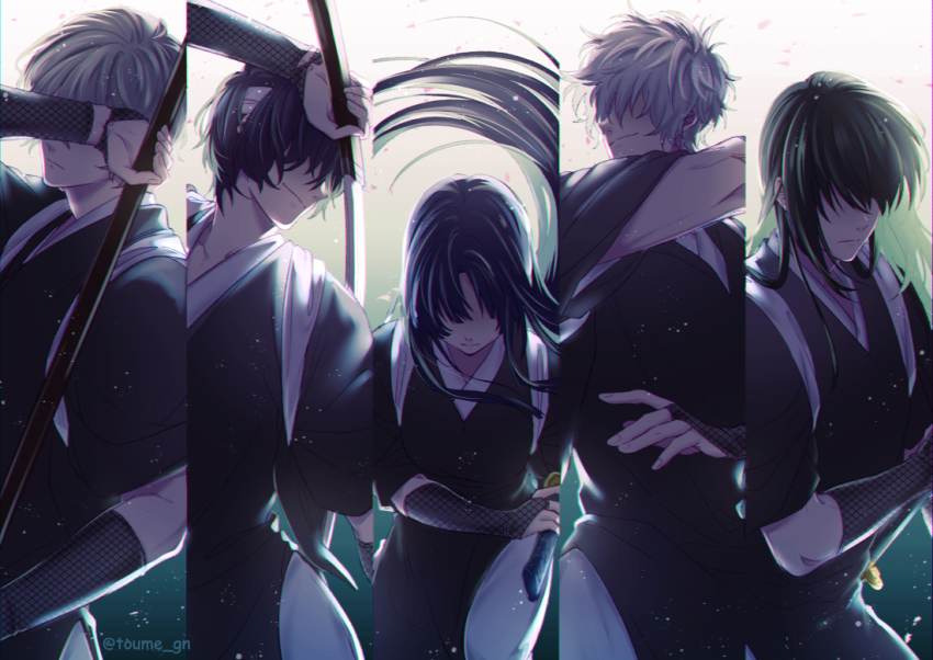 alternate_universe blunt_bangs covered_eyes dark gintama holding holding_sword holding_weapon imai_nobume japanese_clothes katsura_kotarou oboro_(gintama) sakata_gintoki shading smile sword takasugi_shinsuke takezaki_(artist) tasuki weapon