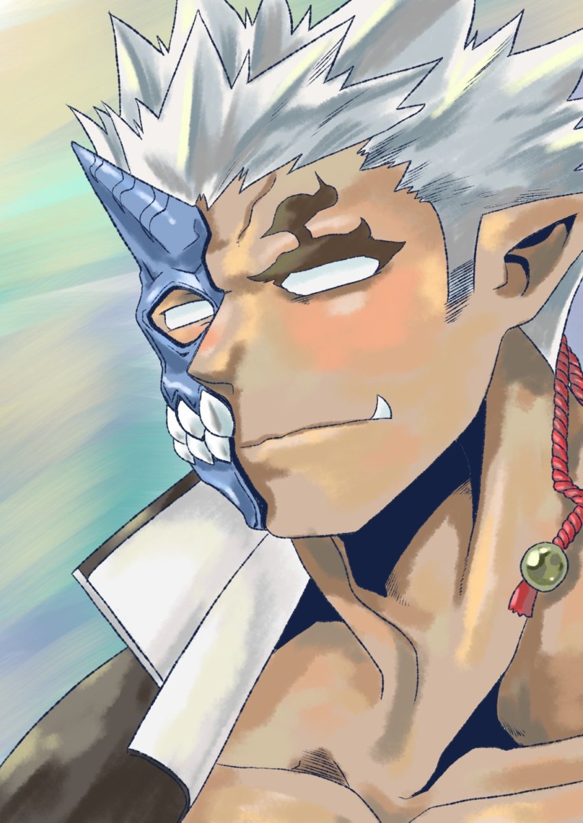 1boy bara blush dark-skinned_male dark_skin gakuran half_mask highres horned_mask horns kusarikake male_focus mask monster_boy muscular muscular_male no_pupils oni_mask pointy_ears school_uniform short_hair shuten_douji_(housamo) sideburns single_horn solo tokyo_houkago_summoners tusks upper_body white_hair