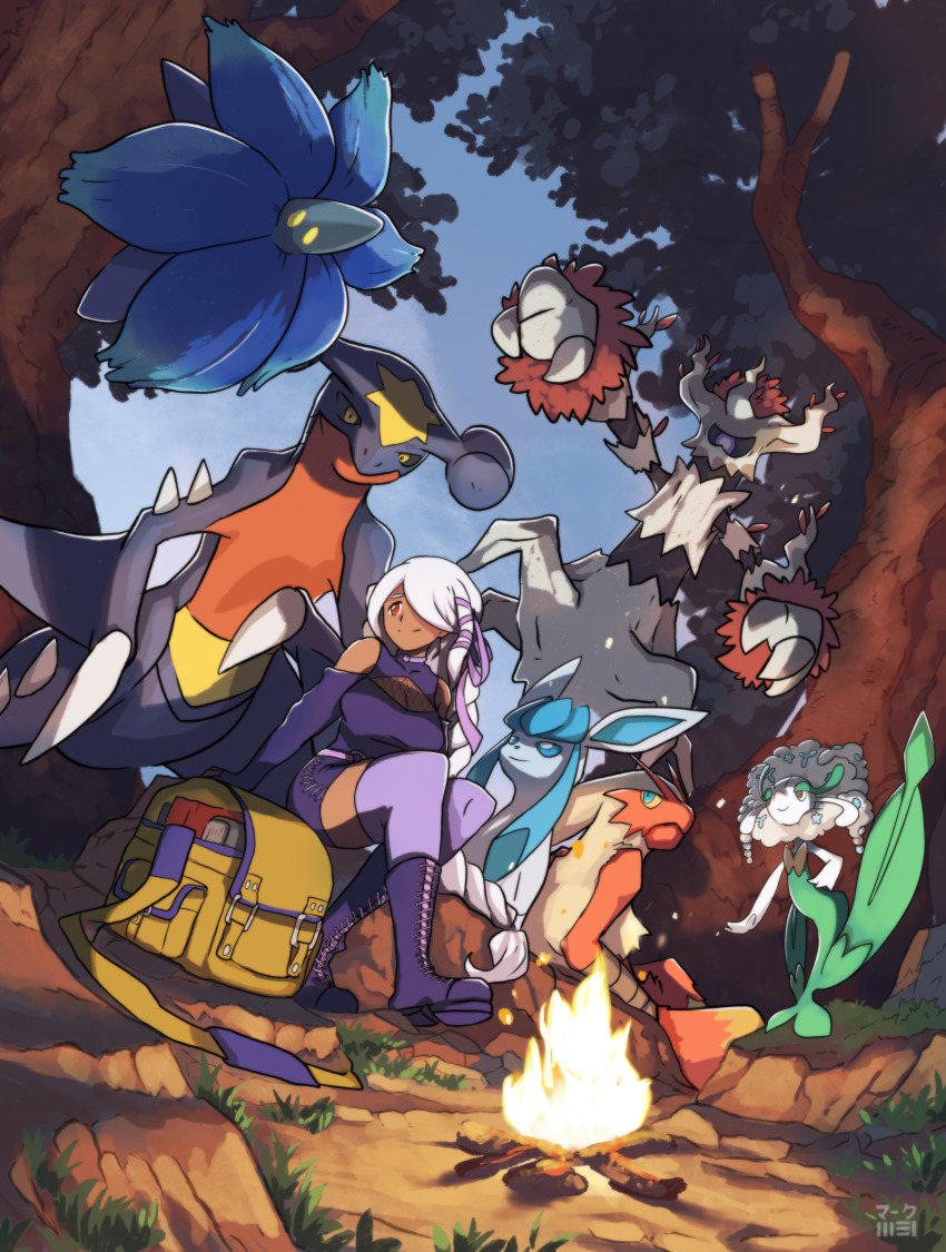 absurdres bag blaziken camp campfire camping evening fire floating florges game_freak garchomp gen_3_pokemon gen_4_pokemon gen_6_pokemon glaceon glimmora grass highres mark331 nintendo outdoors pokemon pokemon_(creature) team tree trevenant white_hair