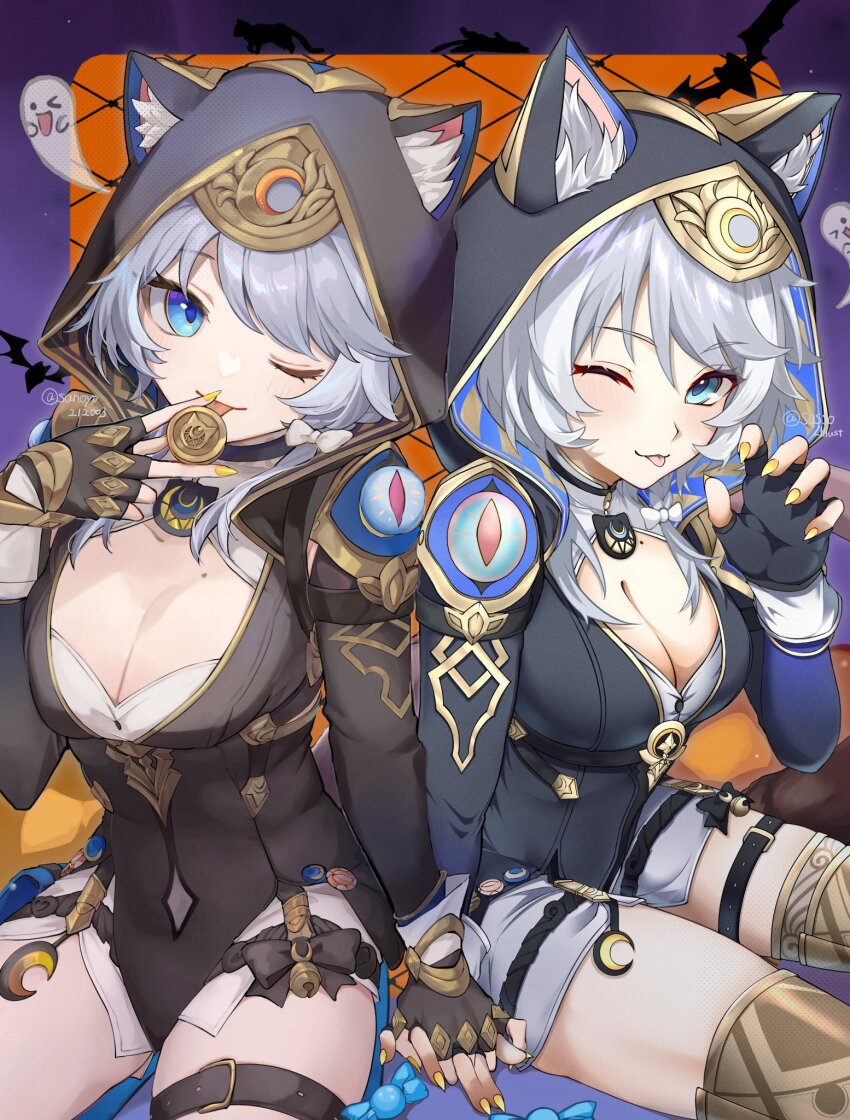2girls ;) animal_ear_fluff animal_ears artist_collaboration black_gloves black_leotard boots breasts cat_ears cat_girl cipher_(honkai:_star_rail) cleavage coin commentary_request dual_persona fingerless_gloves ghost gloves gold_boots gold_coin grey_hair highres holding holding_coin holding_hands honkai:_star_rail honkai_(series) large_breasts leotard mole mole_on_breast multiple_girls one_eye_closed puyopuyo_10 sakura_no_yoru shorts smile thighs white_shorts yellow_nails