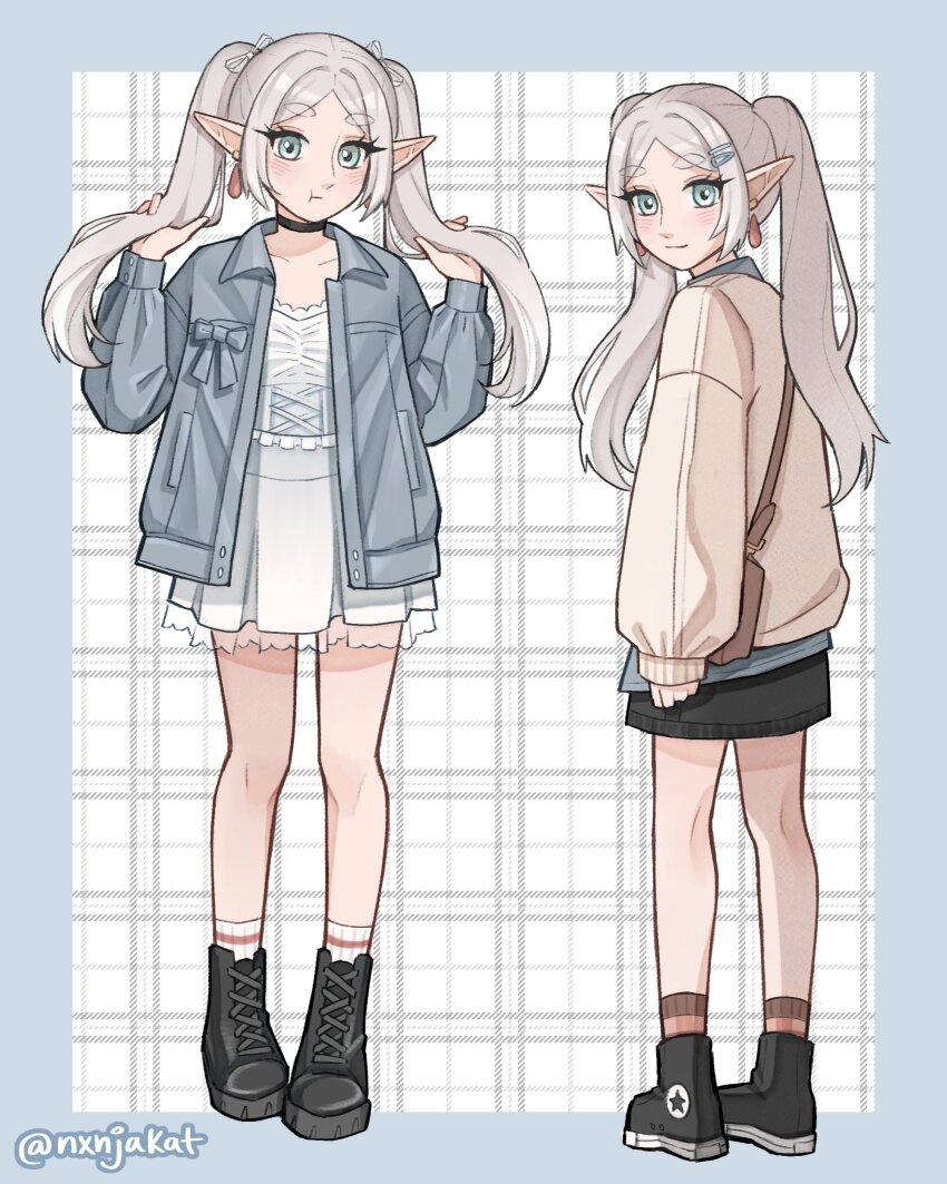 1girl :t absurdres alternate_costume bag black_boots black_choker black_shoes black_skirt blue_border blue_bow blue_jacket boots border bow brown_bag brown_socks buttons casual choker closed_mouth collarbone collared_jacket denim denim_jacket dress earrings elf frieren frilled_dress frills from_behind green_eyes grey_hair grid_background hair_ornament hairclip highres holding holding_own_hair jacket jewelry knees lace-up_boots light_blush long_hair long_sleeves looking_at_viewer looking_back miniskirt multiple_views nxnjakat open_clothes open_jacket outside_border pocket pointy_ears pout puffy_long_sleeves puffy_sleeves shoes short_dress shoulder_bag single_earring skirt sleeves_past_wrists smile sneakers socks sousou_no_frieren standing star_(symbol) star_print twintails white_background white_dress white_jacket white_socks