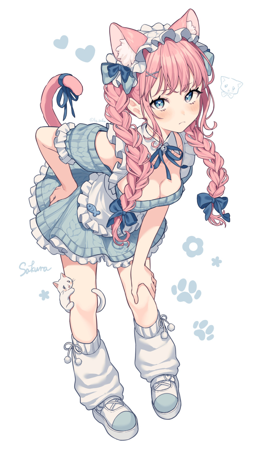 animal_ears blue_dress blue_ribbon braid breasts cat cat_ears cat_girl cat_tail cleavage detached_collar dress frilled_dress frills full_body hair_ornament hair_ribbon hand_on_own_hip hand_on_own_knee headdress highres long_hair looking_at_viewer loose_socks lq_saku medium_breasts original pink_hair ribbon shoes simple_background skirt socks tail tail_ornament tail_ribbon twin_braids white_background white_headdress white_shoes x_hair_ornament
