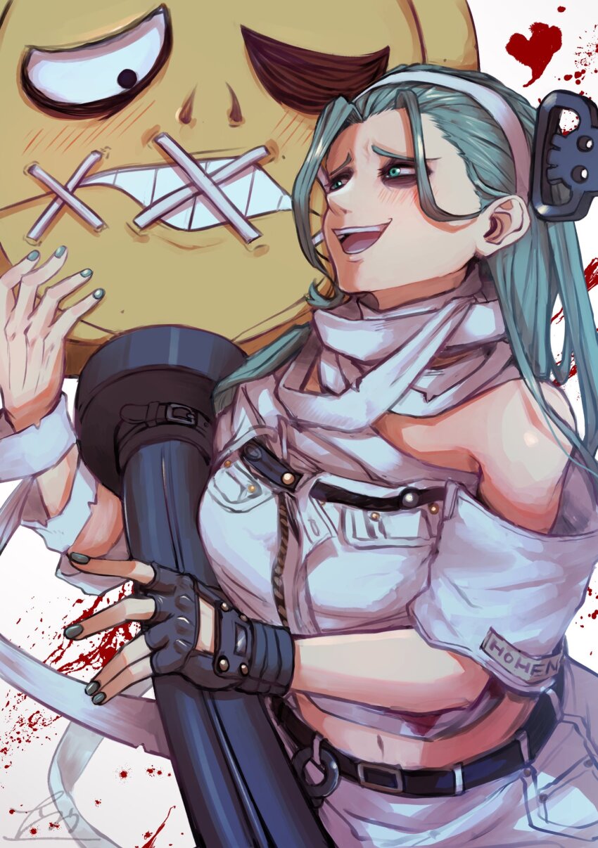 1girl :d a.b.a aqua_hair aqua_nails bags_under_eyes bare_shoulders black_gloves blood blush fingerless_gloves gloves green_eyes guilty_gear guilty_gear_strive headband highres holding holding_weapon key key_in_head long_hair looking_at_object midriff nankou_(koutanan) navel object_through_head off-shoulder_shirt off_shoulder one_eye_closed open_mouth paracelsus_(guilty_gear) shirt single_glove smile solo upper_body weapon white_background white_headband