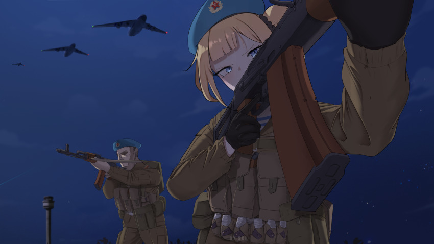1boy 1girl absurdres aircraft aks-74u ammunition_pouch an-22 assault_rifle beret blonde_hair blue_eyes cold_war from_below gun hammer_and_sickle hat highres kalashnikov_rifle military_uniform night original pouch radio_tower red_star rifle sci_(31134306) shirt soviet_army star_(symbol) striped_clothes striped_shirt telnyashka vdv weapon