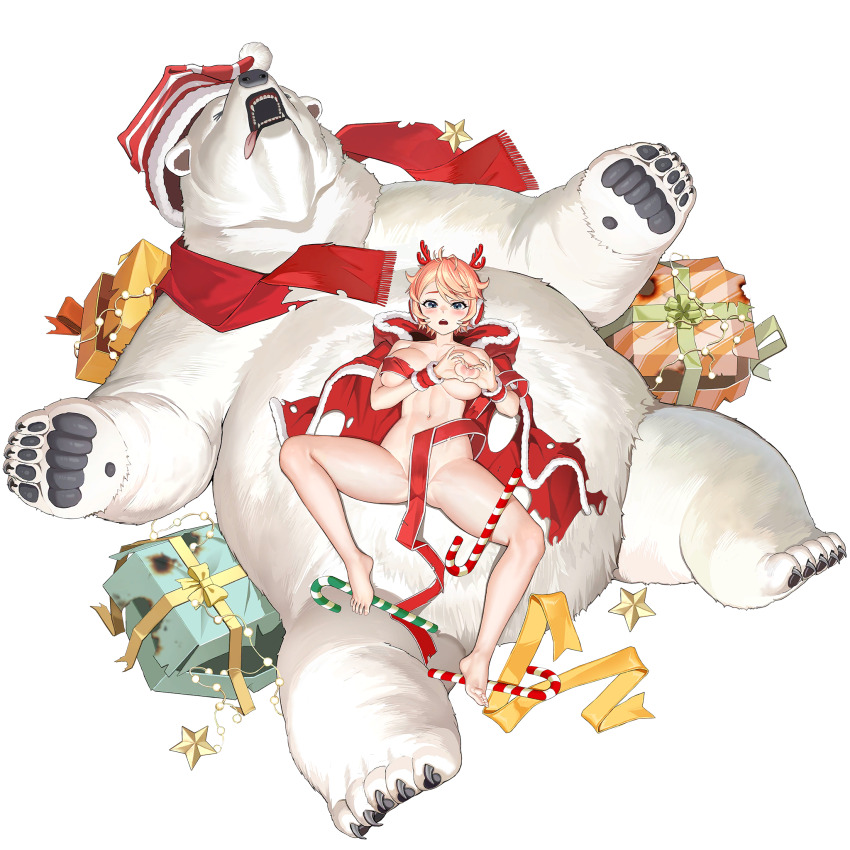 &gt;_&lt; 1girl :o abs animal_earmuffs antlers bear blue_eyes blush bow breasts breasts_apart bullet_hole candy candy_cane cape chestnut_mouth christmas_lights convenient_censoring defeat earmuffs fake_antlers food full_body fur-trimmed_cape fur-trimmed_wrist_cuffs fur_trim gift green_ribbon groin_tendon heart heart-shaped_boob_challenge heart_hands highres hood hooded_cape horns large_breasts last_origin linea_alba looking_at_viewer lying naked_ribbon navel nipples non-web_source official_alternate_costume official_art on_animal on_back orange_hair orange_ribbon pixie_(last_origin) polar_bear red_cape red_ribbon red_scarf red_wrist_cuffs reindeer_antlers ribbon ryan_(last_origin) scarf short_hair simple_background spread_legs tachi-e taesi tearing_up teeth tongue tongue_out torn_cape torn_clothes torn_ribbon torn_scarf transparent_background triple_ahoge upper_teeth_only white_fur wrist_cuffs yellow_bow yellow_ribbon