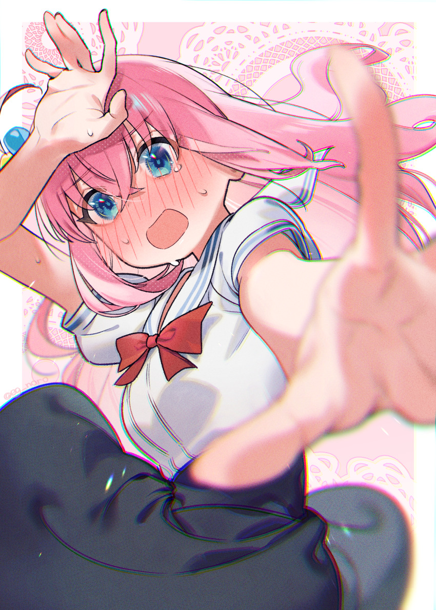 1girl alternate_costume arm_up black_skirt blue_eyes blurry blush bocchi_the_rock! border bow bowtie breasts commentary_request covering_head crossed_bangs cube_hair_ornament depth_of_field embarrassed foreshortening gotoh_hitori hair_between_eyes hair_ornament hand_up highres long_hair looking_at_viewer medium_breasts open_hand open_mouth outside_border pink_background pink_hair puffy_short_sleeves puffy_sleeves red_bow red_bowtie sailor_collar shirt short_sleeves skirt sofa_(enogunomu) solo sweat tearing_up upper_body white_border white_sailor_collar white_shirt