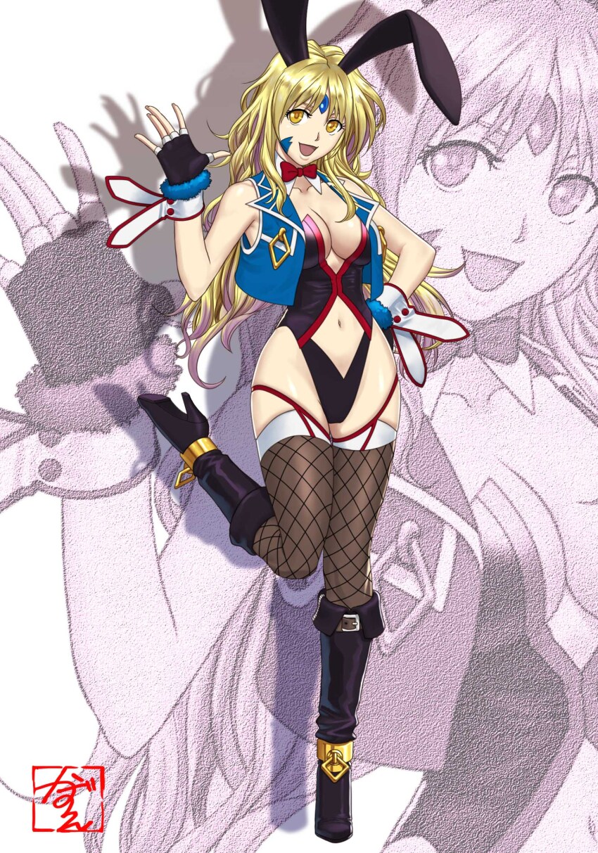 1girl :d animal_ears blonde_hair breasts cleavage fingerless_gloves fishnet_thighhighs fishnets forehead_jewel full_body gloves highres large_breasts long_hair looking_at_viewer navel open_mouth project_x_zone project_x_zone_2 saitou_kazue sheath_(pxz) smile solo thighhighs yellow_eyes