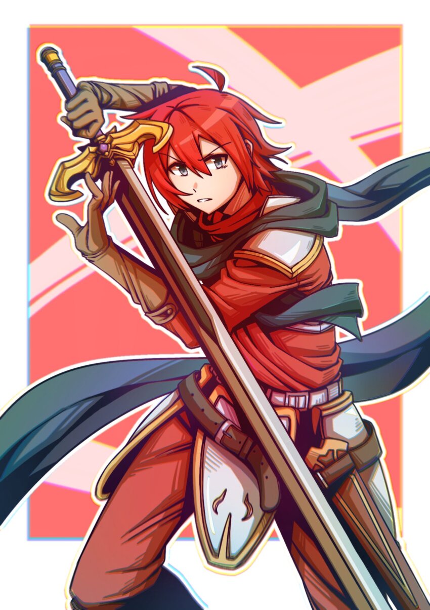 1boy adol_christin ahoge arkibk armor border brown_gloves commentary faulds gloves grey_eyes hair_between_eyes highres holding holding_sword holding_weapon looking_at_viewer male_focus outside_border parted_lips red_background red_hair shoulder_armor solo sword weapon white_border ys ys_iii:_wanderers_from_ys