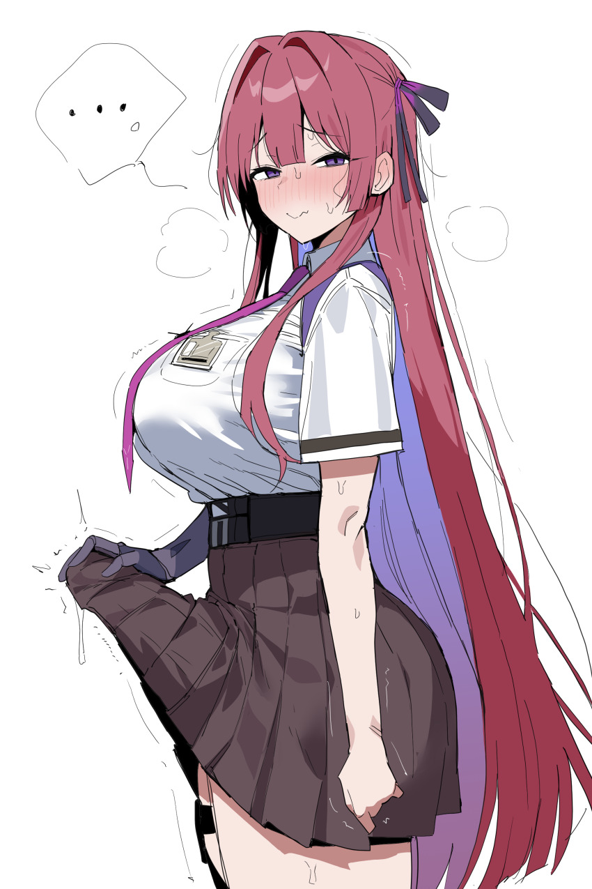 ... 1futa absurdres black_gloves black_ribbon black_skirt blush breast_pocket breasts bulge chaos_zero_nightmare clenched_hand collared_shirt colored_inner_hair commentary erection erection_under_clothes futanari gloves hair_ribbon highres large_breasts long_hair looking_at_viewer multicolored_hair pleated_skirt pocket precum purple_hair red_hair rei_(chaos_zero_nightmare) ribbon shirt shirt_tucked_in short_sleeves sidelocks simple_background single_glove skirt smile solo spoken_ellipsis standing star_(symbol) sweat symbol-only_commentary thigh_strap trembling white_background white_shirt xipa
