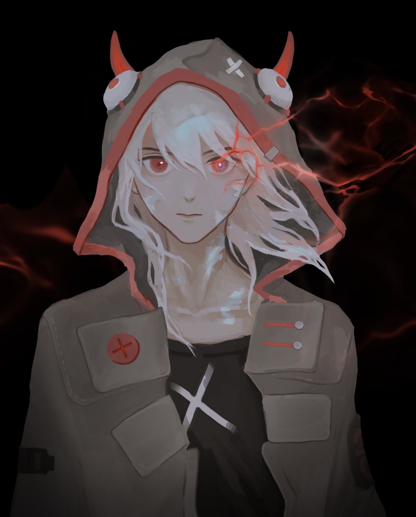 1girl absurdres atrovirens black_background black_shirt buttons closed_mouth collarbone cytus cytus_ii electricity expressionless green_jacket hair_between_eyes highres hood hood_up horns ivy_(cytus) jacket looking_at_viewer medium_hair red_eyes red_horns shirt simple_background solo straight-on upper_body vignetting white_hair x