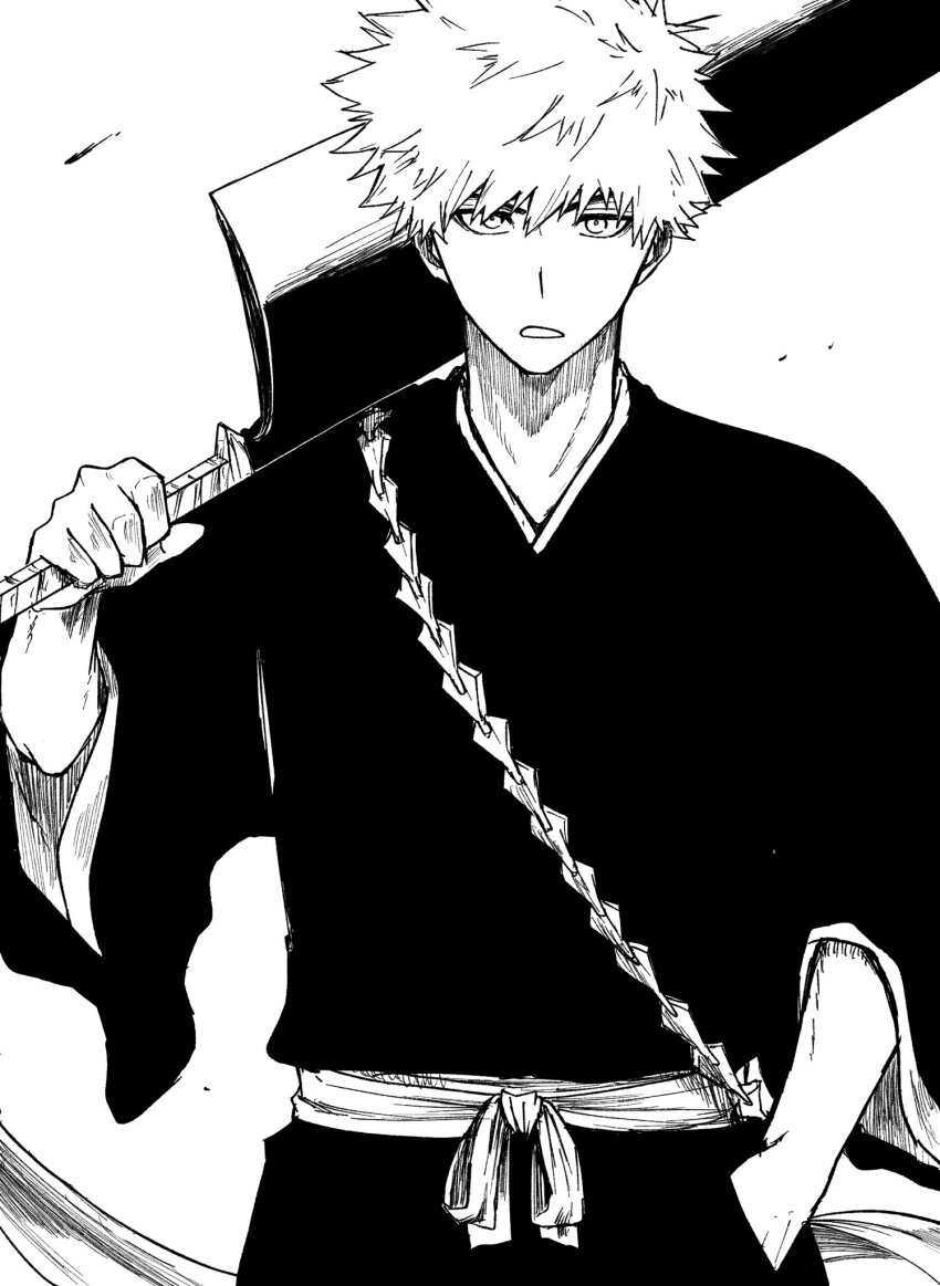 1boy alternate_costume blue_lock commentary_request cosplay fun1_fn greyscale hand_in_pocket highres holding japanese_clothes kunigami_rensuke kurosaki_ichigo kurosaki_ichigo_(cosplay) looking_at_viewer male_focus monochrome over_shoulder short_hair solo weapon weapon_over_shoulder zanpakutou