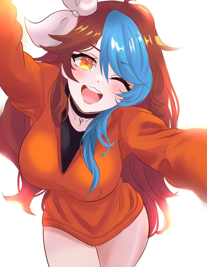 1girl absurdres arms_up bare_legs black_choker black_shirt blue_hair breasts brown_hair choker collarbone cowboy_shot dress estebaneishon1 eyebrows eyelashes female_focus from_above hair_ribbon highres indie_virtual_youtuber keirame_(vtuber) large_breasts long_hair long_sleeves looking_at_viewer looking_up multicolored_hair one_eye_closed open_mouth orange_sweater ribbon shirt simple_background smile solo standing sweater sweater_dress teeth thighs tongue two-tone_hair upper_teeth_only virtual_youtuber white_background white_ribbon yellow_eyes