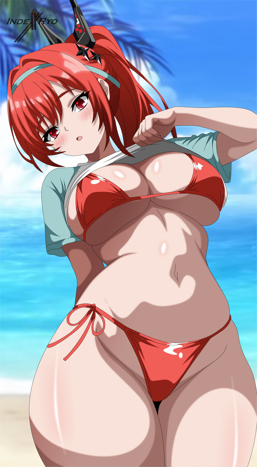 1girl absurdres aqua_hairband beach bikini blue_shirt blue_sky blurry breasts clothes_lift cloud cowboy_shot day depth_of_field goddess_of_victory:_nikke hair_ornament hairband highres horizon indexxryo large_breasts leaning_bakc long_hair navel ocean outdoors palm_leaf ponytail rapi_(nikke) rapi_(red_hood)_(red_flavor)_(nikke) red_bikini red_eyes red_hair shirt shirt_lift side-tie_bikini_bottom sky solo star_(symbol) star_hair_ornament swimsuit