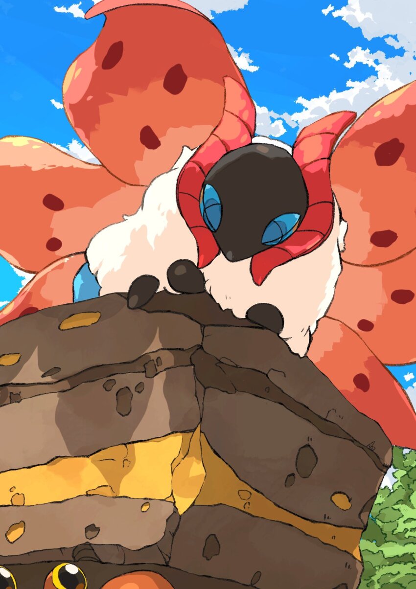 aomon_(yuuji7604) black_eyes black_skin blue_eyes blue_sclera blue_sky bug cloud colored_sclera colored_skin crustle fluffy game_freak gen_5_pokemon highres horns insect moth multiple_wings nintendo no_humans on_head perching pokemon pokemon_(creature) pokemon_focus pokemon_on_head red_horns riding riding_pokemon rock sky volcarona white_fur wings yellow_sclera