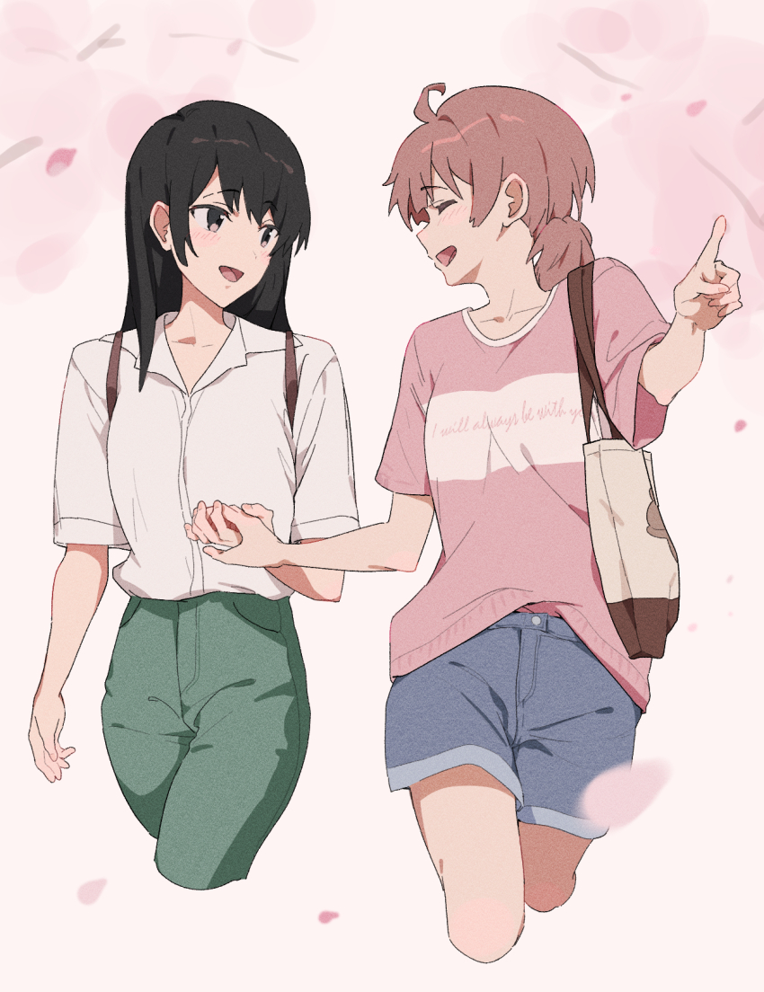 2girls :d ahoge bag black_hair blue_shorts blush cherry_blossoms closed_eyes clothes_writing collared_shirt commentary cropped_legs denim denim_shorts dress_shirt falling_petals green_pants hand_up highres holding_hands koito_yuu lie_lack1080 long_hair looking_at_another multiple_girls nanami_touko open_mouth pants petals pink_background pink_eyes pink_hair pink_petals pink_shirt pointing print_shirt profile shirt shirt_tucked_in short_hair short_sleeves shorts shoulder_bag smile standing walking white_shirt yagate_kimi_ni_naru yuri