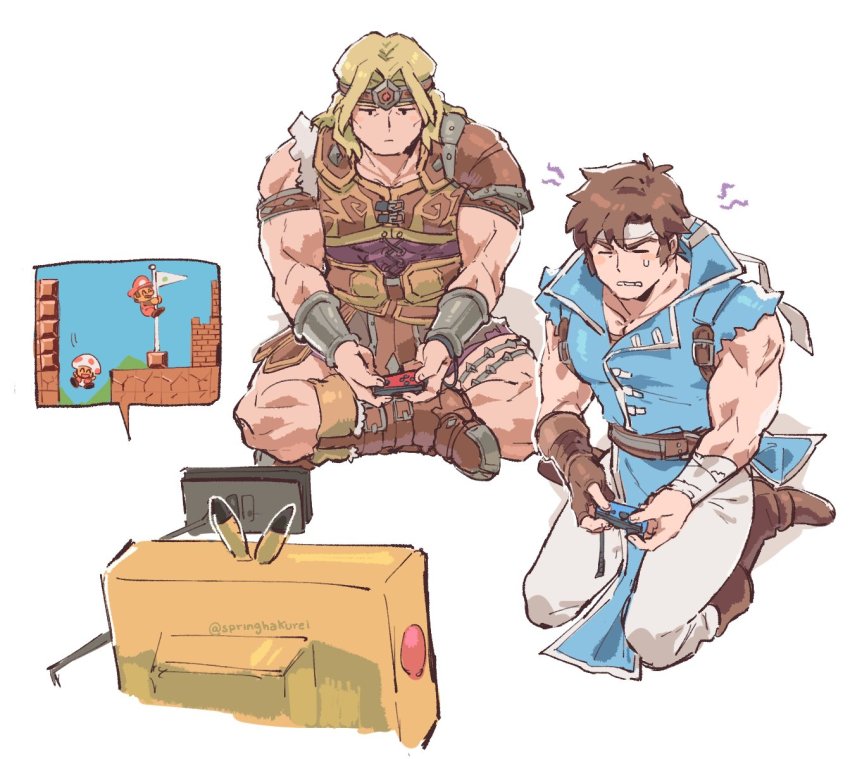 2boys belt blonde_hair blue_eyes brown_hair cape castlevania:_rondo_of_blood castlevania_(series) controller game_console game_controller game_freak gen_1_pokemon gloves handheld_game_console headband highres jeto_(jetopyon) joy-con long_hair male_focus mario mario_(series) multiple_boys nintendo nintendo_switch open_mouth pikachu playing_games pokemon pokemon_(creature) richter_belmont short_hair simon_belmont sitting smile super_mario_maker super_smash_bros. toad_(mario) whip