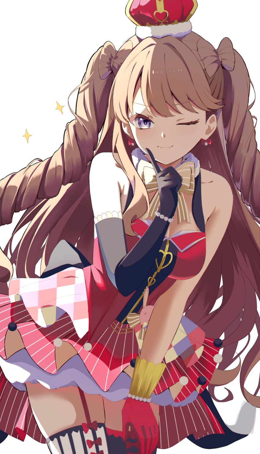 1girl ;) absurdres arched_crown armpit_crease asymmetrical_gloves bare_shoulders black_gloves black_thighhighs blush bow bow_legwear bowtie breasts brown_hair cleavage closed_mouth collarbone cowboy_shot crown dress elbow_gloves finger_to_cheek fujishima_megumi garter_straps gloves highres kiratto777 leaning_forward link!_like!_love_live! long_hair looking_at_viewer love_live! medium_breasts mismatched_gloves mismatched_thighhighs one_eye_closed pinstripe_bow pinstripe_bowtie pinstripe_dress pinstripe_pattern purple_eyes red_bow red_crown red_dress red_gloves short_dress simple_background sleeveless sleeveless_dress smile solo sparkle thighhighs two_side_up uneven_gloves v-shaped_eyebrows virtual_youtuber white_background white_thighhighs yellow_bow yellow_bowtie zenhoi_kyun