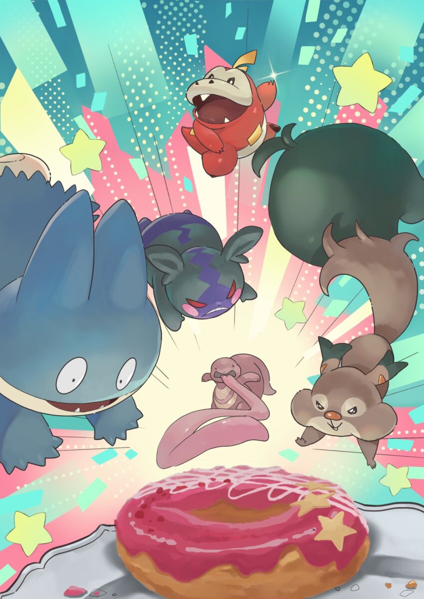 black_eyes buck_teeth closed_mouth commentary donut fangs food fuecoco gen_1_pokemon gen_4_pokemon gen_8_pokemon highres icing jumping kanataeni lickitung long_tongue morpeko morpeko_(hangry) munchlax nintendo no_humans open_mouth plate pokemon pokemon_(creature) reaching red_eyes skwovet standing star_(symbol) strawberry_icing teeth tongue very_long_tongue