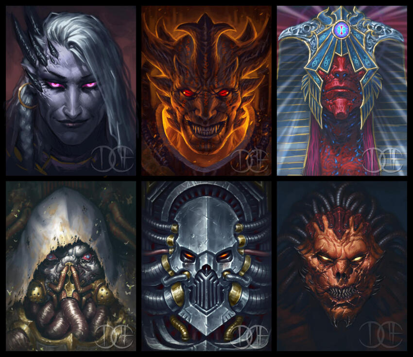 angron armor black_border border breastplate brothers butchers_nails_(warhammer_40k) cable chaos_(warhammer) colored_skin commentary cyclops david_haire demon demon_horns demon_primarch english_commentary facial_tattoo forehead_tattoo fulgrim glowing glowing_eyes gorefather hair_tubes hood horns long_hair looking_at_viewer lorgar_aurelian magnus_the_red mask mortarion one-eyed open_mouth perturabo portrait power_armor primarch red_skin respirator scar scar_across_eye scar_on_face siblings signature tattoo teeth tube warhammer_40k