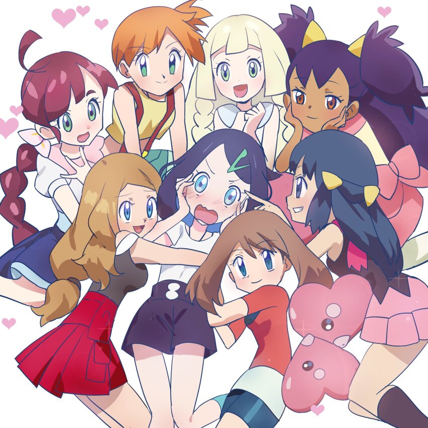 6+girls beanie big_hair bike_shorts black_hair black_shorts blonde_hair blue_eyes blue_hair blush braid braided_ponytail breasts brown_eyes brown_hair chloe_(pokemon) cowlick creatures_(company) dark-skinned_female dark_skin dawn_(pokemon) dress eyelashes flower game_freak gen_3_pokemon green_eyes hair_flower hair_ornament hairclip hat heart highres holding iris_(pokemon) liko_(pokemon) lillie_(pokemon) long_hair looking_at_viewer luvdisc may_(pokemon) misty_(pokemon) multicolored_hair multiple_girls navel nintendo noah_(nowlifeyell) open_clothes orange_hair pokemon pokemon_(anime) pokemon_(classic_anime) pokemon_(creature) pokemon_bw_(anime) pokemon_dppt_(anime) pokemon_horizons pokemon_journeys pokemon_rse_(anime) pokemon_sm_(anime) pokemon_xy_(anime) purple_hair red_shirt red_skirt scarf serena_(pokemon) shirt short_hair short_sleeves shorts side_ponytail skirt sleeveless sleeveless_shirt smile thighhighs two_side_up very_long_hair white_dress white_shirt yuri