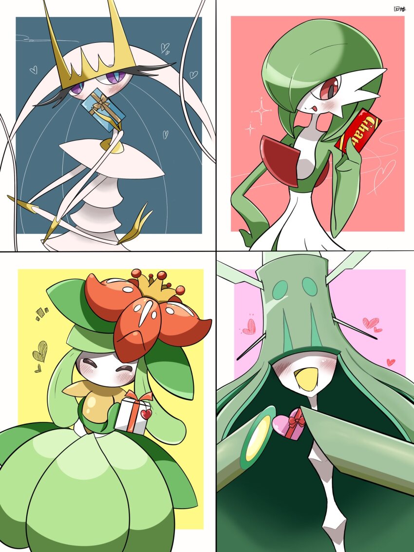 blush bob_cut box celesteela closed_eyes colored_skin flower gardevoir gen_3_pokemon gen_5_pokemon gen_7_pokemon gift gift_box green_hair green_skin hair_flower hair_ornament hair_over_one_eye heart highres inb795 lilligant multicolored_skin nintendo open_mouth pheromosa pink_eyes pokemon pokemon_(creature) purple_eyes smile two-tone_skin ultra_beast white_skin