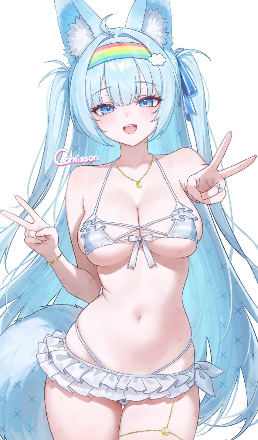 1girl absurdres ahoge animal_ears aqua_hair bare_arms bare_shoulders bikini blue_eyes bracelet breasts cleavage commission cowboy_shot double_v fox_ears fox_girl fox_tail frilled_bikini frills front-tie_bikini_top front-tie_top hair_ribbon hairband hand_up highleg highleg_bikini highres jewelry long_hair looking_at_viewer medium_breasts mumu_muw navel necklace open_mouth original outstretched_arm rainbow_hairband ribbon simple_background skindentation smile solo sora_(isolet_sdvx) stomach string_bikini striped_bikini striped_clothes swimsuit tail v very_long_hair white_background white_bikini