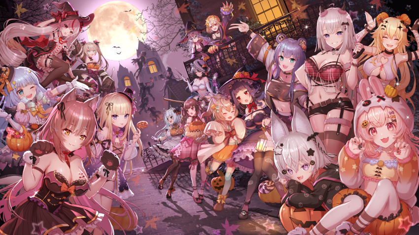 6+girls :p absurdres amanogawa_shiina animal_ears animal_hands antlers apron arm_garter arm_strap bandaged_arm bandages bare_tree bat_hair_ornament bear_ears bear_girl belt black_dress black_footwear black_garter_straps black_gloves black_hair black_headwear black_hoodie black_horns black_nails black_pants black_ribbon black_shorts black_wings blonde_hair blue_eyes blue_hair bodice bow bowtie breasts broom brown_belt brown_eyes brown_hair building candy center_frills chisaka_airi choker cleavage closed_eyes copyright_notice curly_hair deer_girl dizzy_dokuro dragon_girl dragon_horns dress drill_hair ember_amane ember_amane_(1st_costume) erina_makina everyone fake_horns floating food frilled_dress frills fujikura_uruka full_moon garter_straps ghost_hair_ornament ghost_print gloves gradient_hair green_hair grey_hair hair_bow hair_ornament hair_ribbon hakushika_iori halloween halloween_bucket halloween_costume hat hat_bow heart heart_choker highleg highleg_panties highres himemiya_rie holding holding_candy holding_food holding_lantern holding_lollipop holding_pumpkin holding_vegetable hood hoodie horns jack-o&#039;-lantern jack-o&#039;-lantern_hair_ornament jack-o&#039;-lantern_hat_ornament jack-o&#039;-lantern_print jelly_hoshiumi kaneko_lumi komachi_panko lantern large_breasts lollipop long_hair long_sleeves midriff mini_hat mini_top_hat moon multicolored_hair multicolored_nails multiple_girls navel nyansan_oekaki official_art one_eye_closed open_mouth orange_bow orange_skirt panties pants partially_fingerless_gloves paw_pose phase_connect pink_bow pink_bowtie pink_eyes pink_hair pink_thighhighs pipkin_pippa plaid pumpkin purple_bow purple_eyes purple_hair rabbit_ears rabbit_girl red_bow red_bowtie red_eyes red_hair remilia_nephys ribbon rinkou_ashelia shadow shisui_michiru_(phase_connect) short_shorts shorts single_garter_strap skirt sleeves_past_fingers sleeves_past_wrists star_(symbol) star_hair_ornament star_print strapless strapless_dress streaked_hair tail tail_bow tail_ornament teeth tenma_maemi thighhighs tiger_girl tiger_tail tongue tongue_out top_hat torn_clothes torn_shorts tree twintails underwear upper_teeth_only utatane_nasa v vegetable virtual_youtuber white_apron white_gloves window wings witch_hat wolf_ears wolf_girl